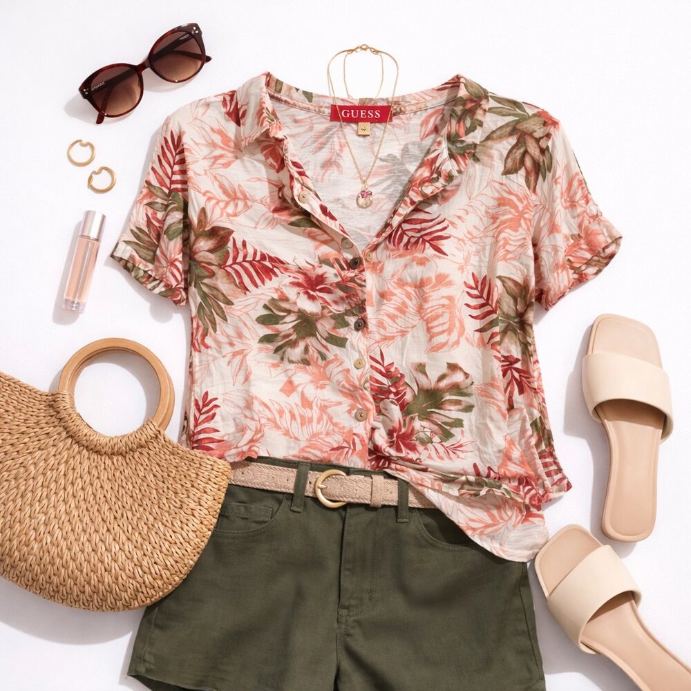 💛 GUESS Floral Button Front Top | Size M | Tropical Sheer Lightweight Blouse